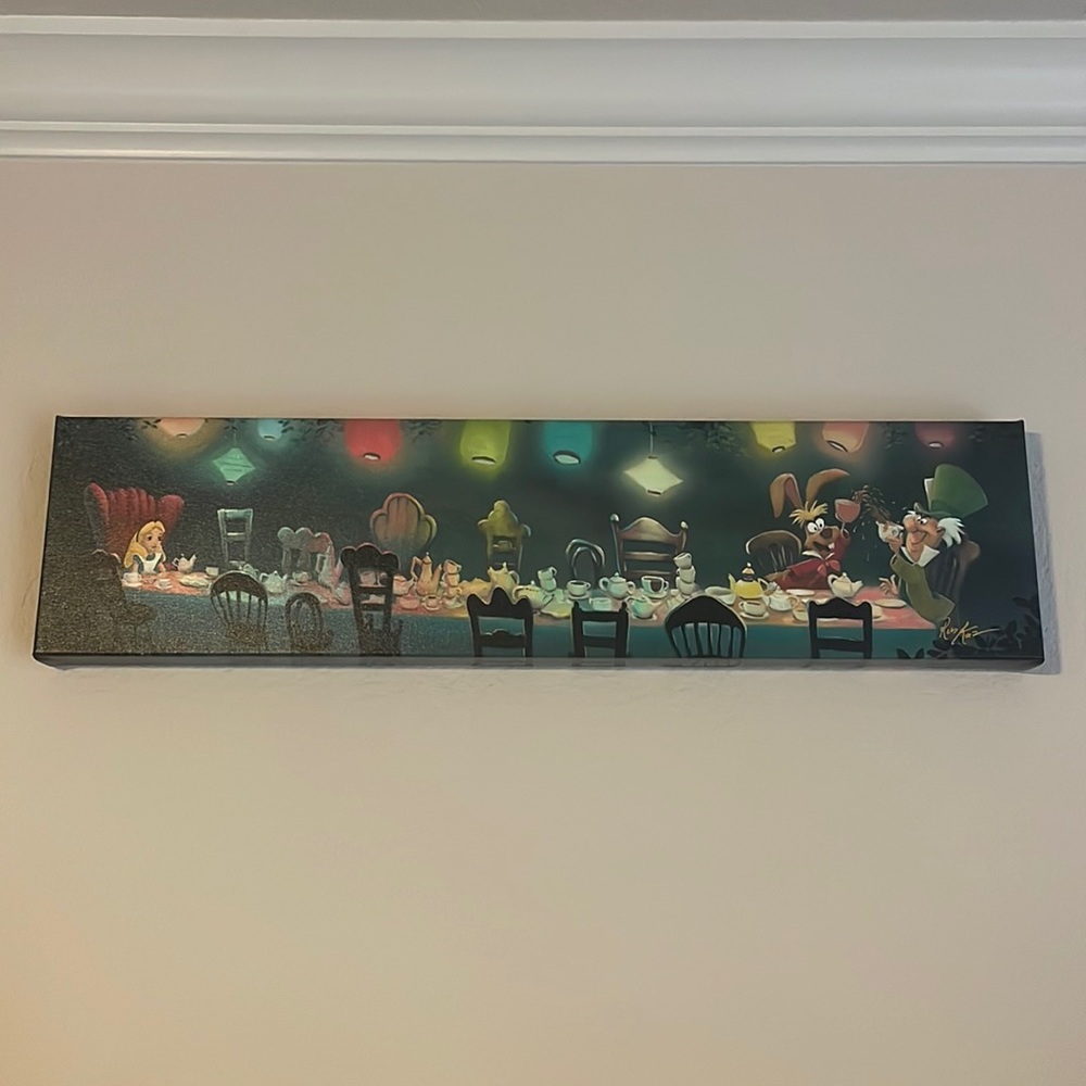 Authentic Disney Rob Kaz “A Mad Tea Party” painting 7 by 28 Disney Fine Art